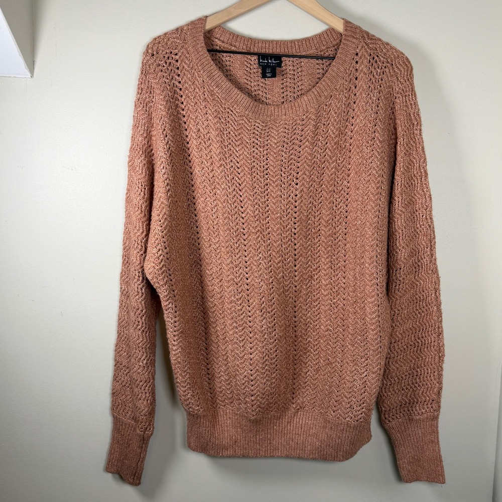Nicole Miller Sweater Womens Medium Blush Pink Open Knit Chevron Pointelle - Picture 2 of 9